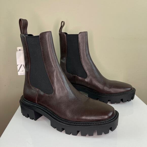 ZARA Brown Leather Ankle Boots Elastic Chunky Heel Track Sole Women 38 7.5 NEW - Picture 3 of 6